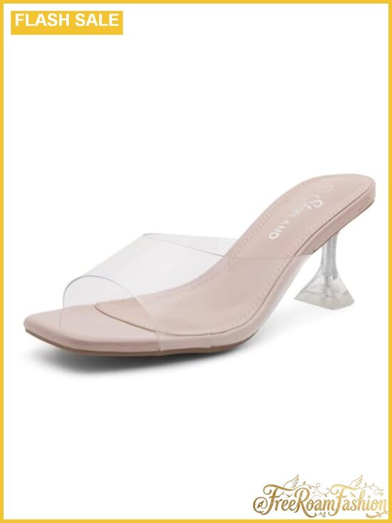 Shoes - Clear Kitten Heel Mules Square Open Toe Slip On Dress Sandals